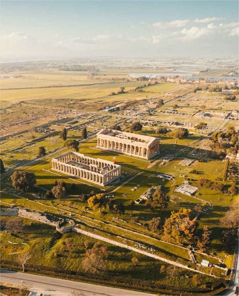 Aerial view of Paestum Greek temples in Agropoli